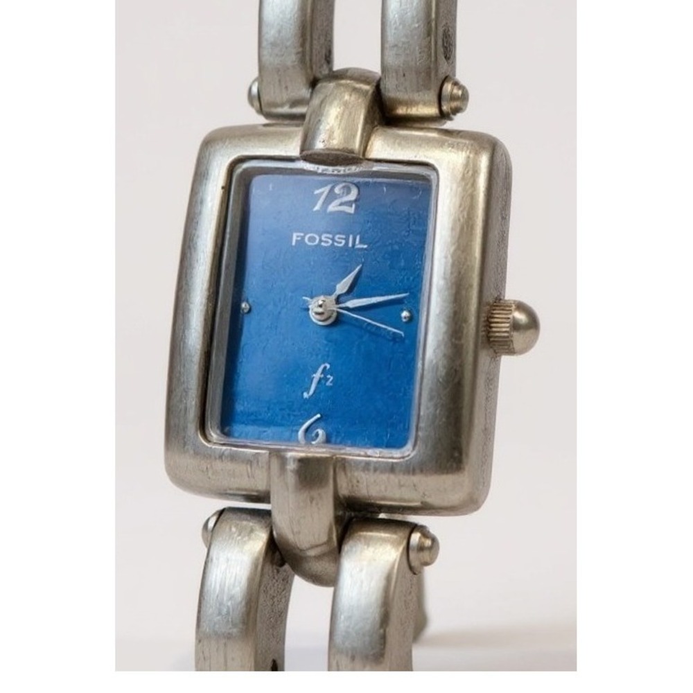 Fossil Womens Silver Tone Watch Blue Face Rectangle Tank ES-9098